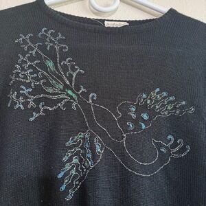 Vtg Jonathan Logan Sweater Women's Small Black‎ Smocked Waist Peacock Embroider